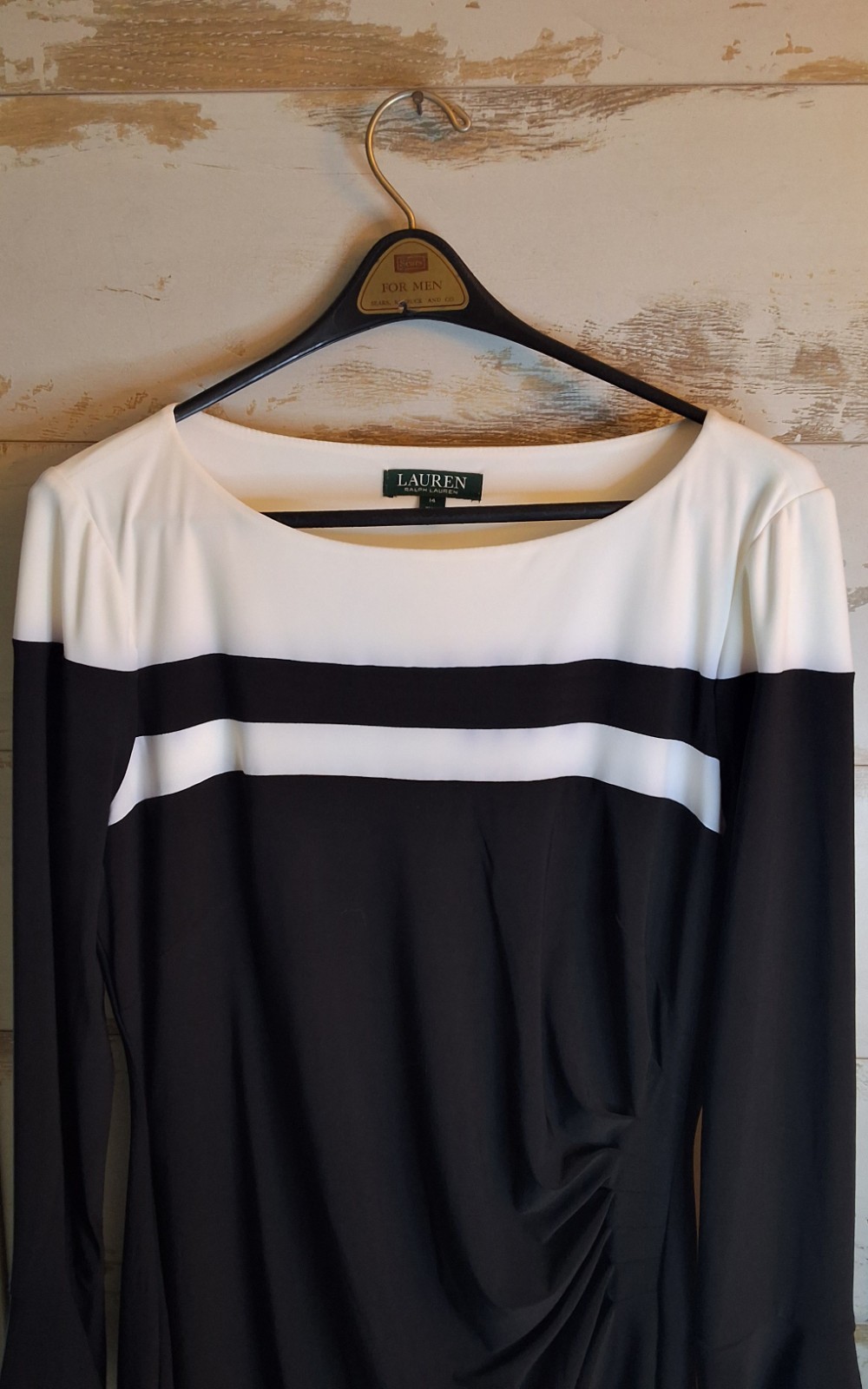 NWT* RALPH LAUREN, STRETCHY SIDE GATHERED BELL SLEEVES BLACK & WHITE DRESS 14