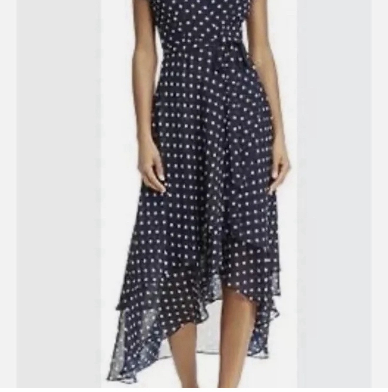 M ABS Collection Allen B. Schwartz Navy Polka Dot Ruffle Lined Midi Wrap dress