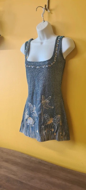 Womans size 10-12 whimsical Sun Fairy mini dress blue sparkly gold embroidery