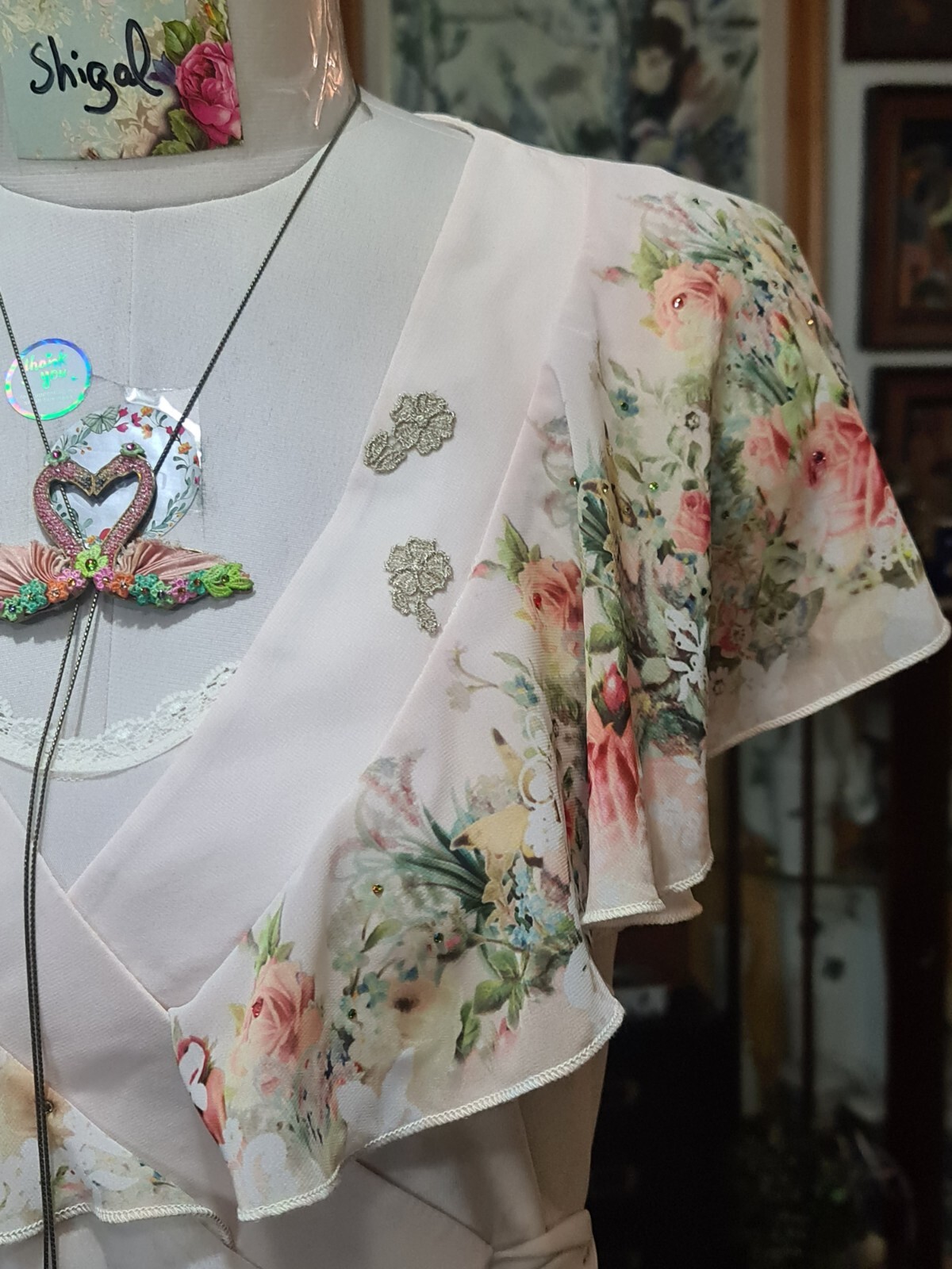 Michal Negrin Great Wrap White Dress Floral Pattern With Slip- Size “M”
