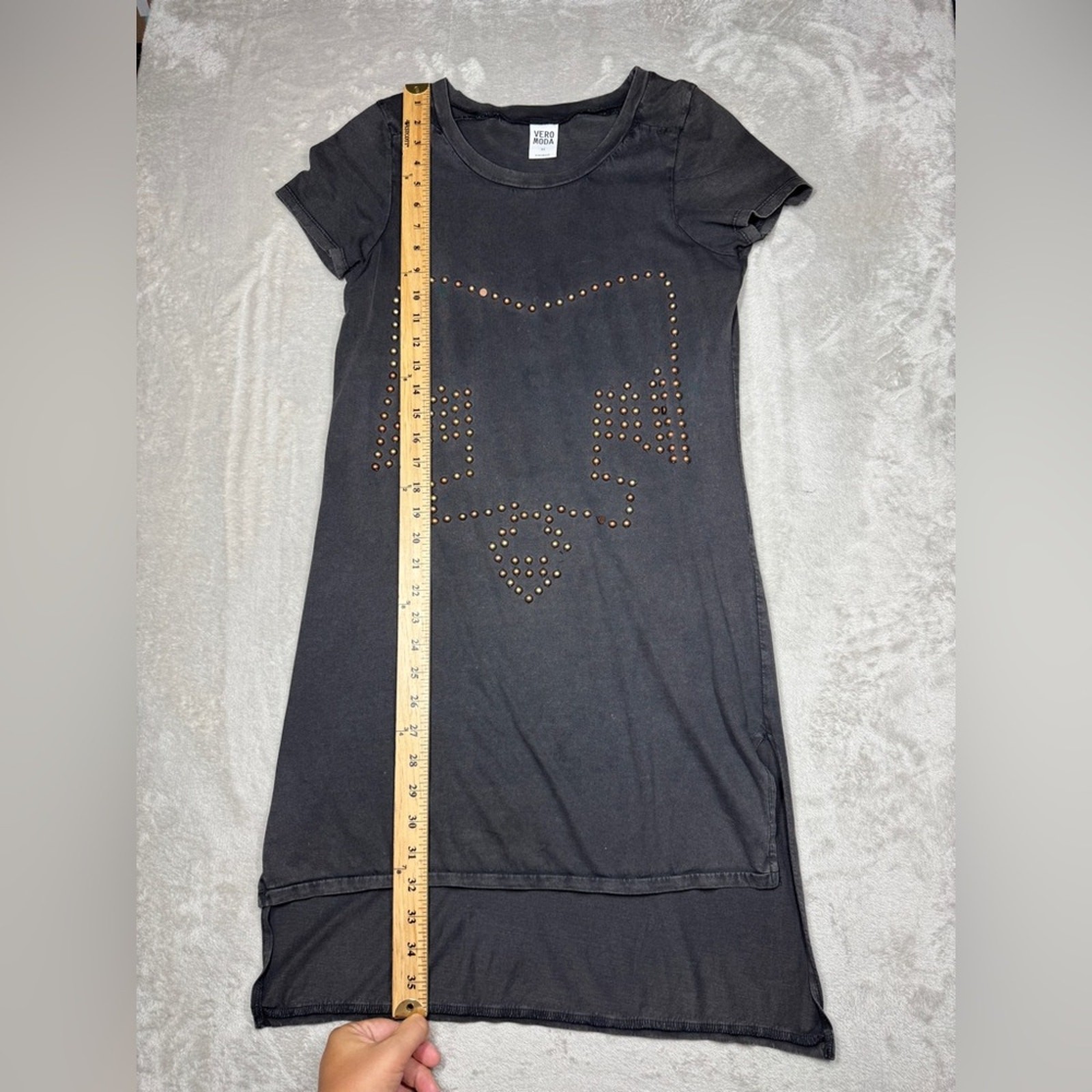 Vero Moda Grey Brown Beaded Grunge Rock Step Up Hem Mini Tunic T-Shirt Dress XS