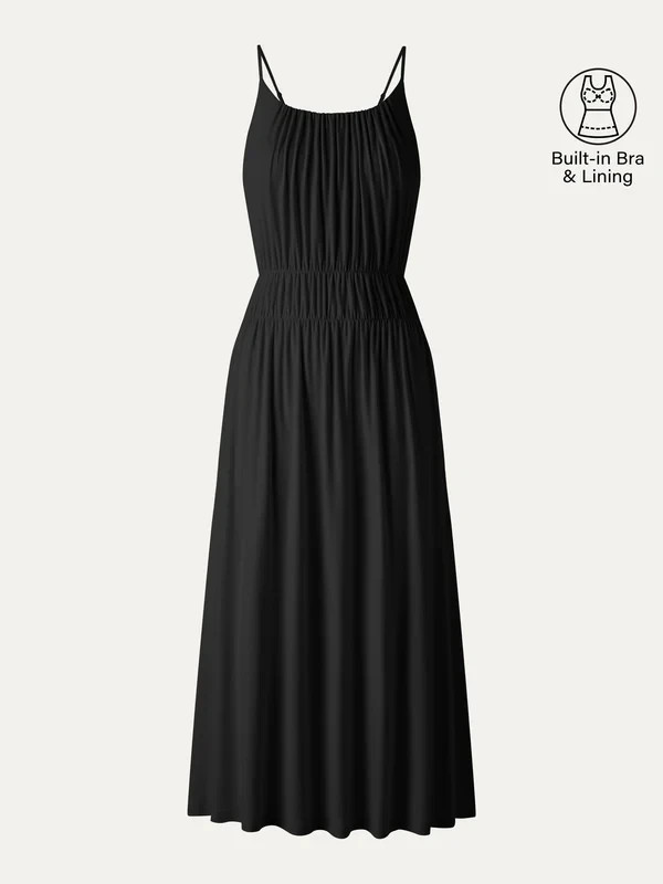 Women’s U Neck Spaghetti Strap Midi Dress Built In Bra Pockets, Black, Freeship