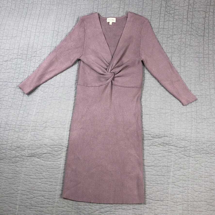 Lily White Sweater Dress Women Small Purple Ribbed Knit Knot V Neck Career