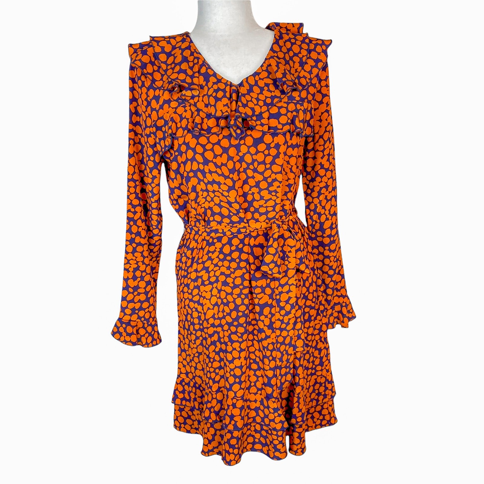 Anine Bing Paloma 100% Silk Spotted Print Ruffle Dress Harvest Navy Size XS