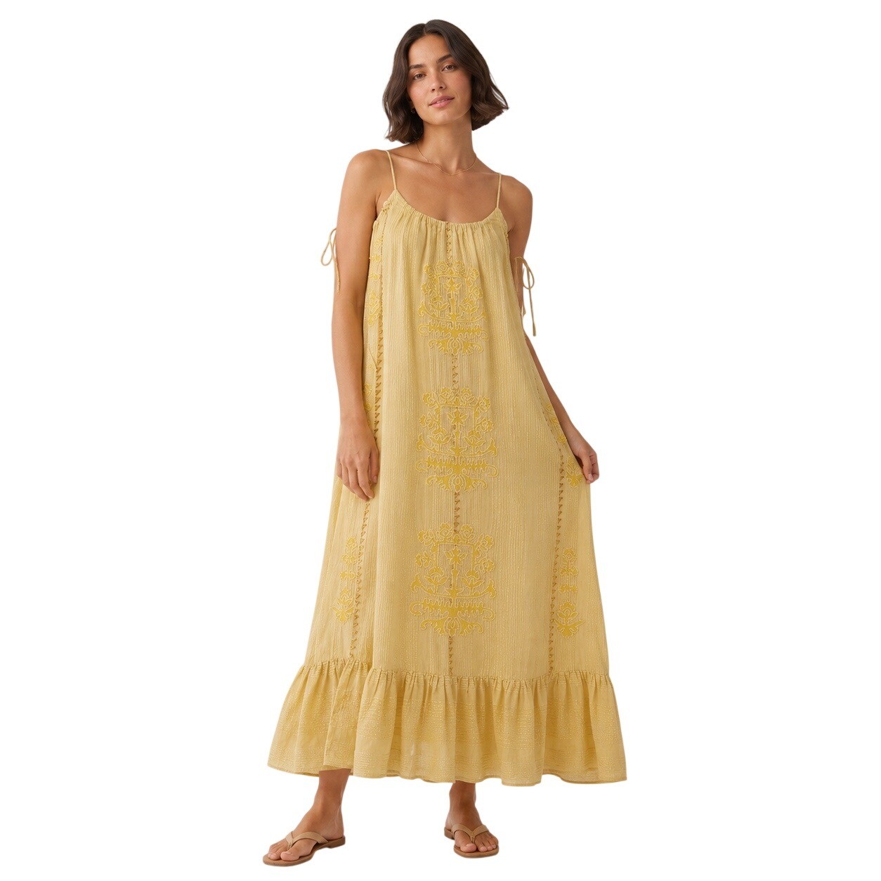 Zara Embroidered Maxi Dress M Yellow Gold Metallic Coastal Resort Cottagecore