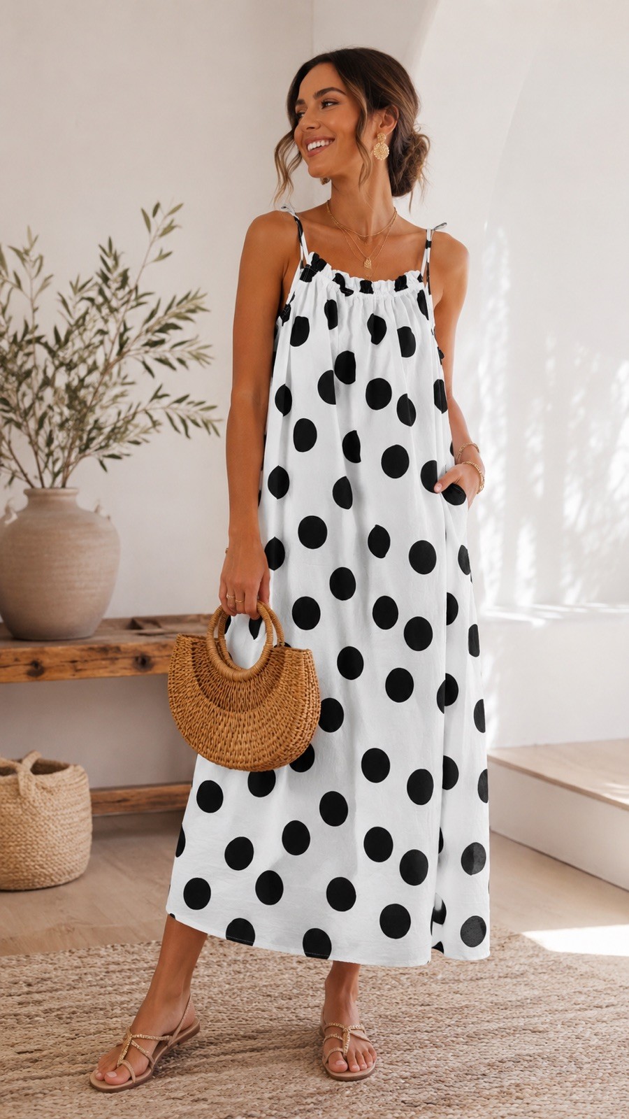 Women Cotton Lace Strap Midi Black White Large Polka Trendy Summer Dress Pockets