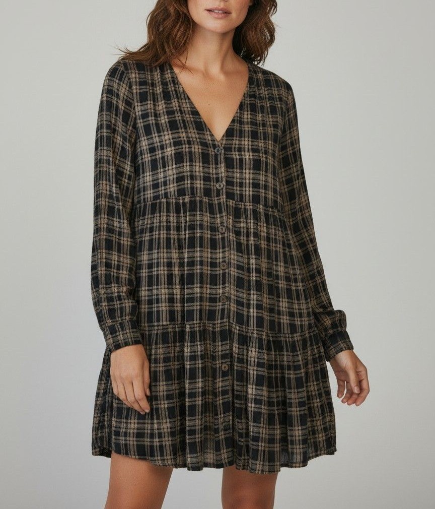 Urban Outfitters Women’s Medium Plaid Long Sleeve Tiered Button Down Dress