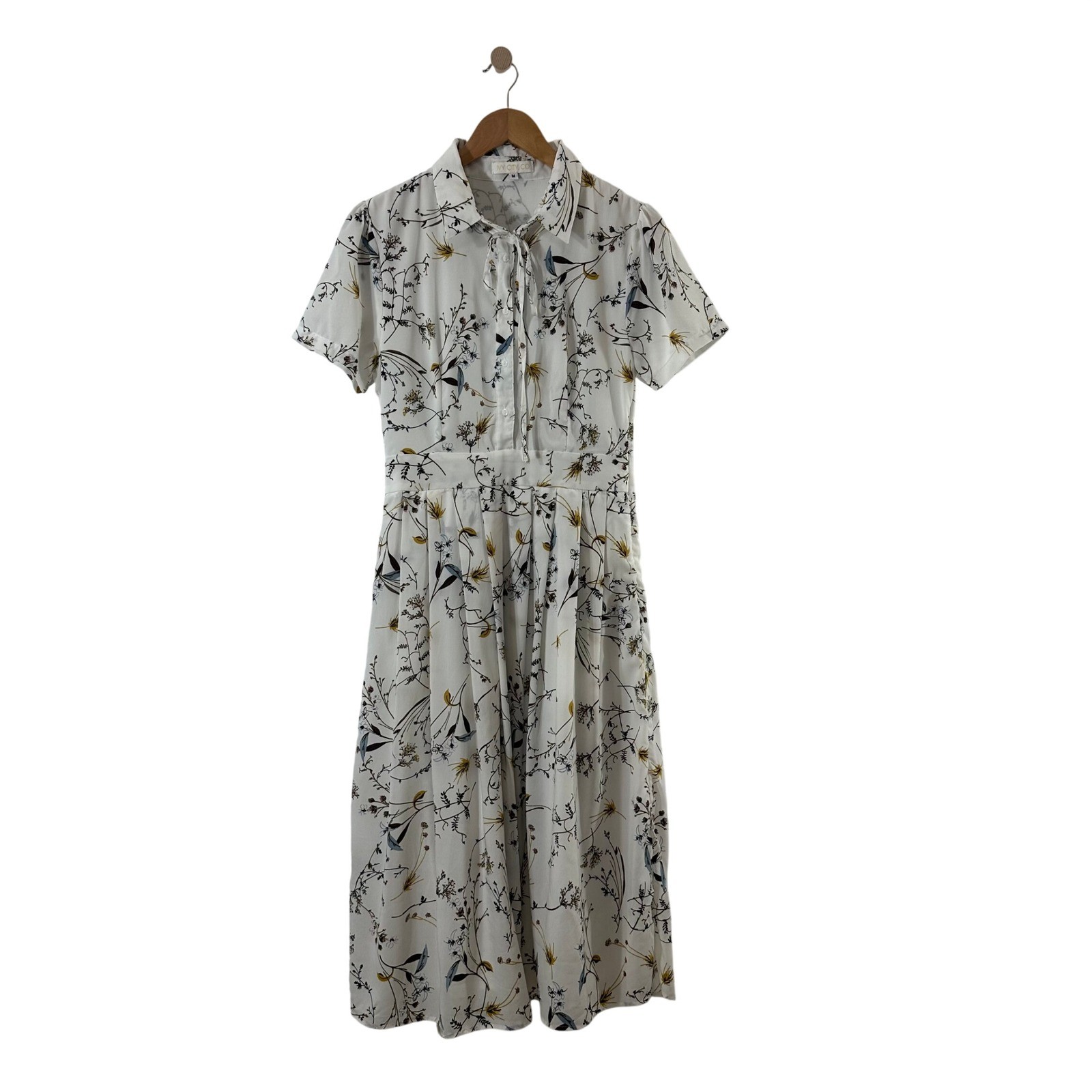 Ivy City Co White Floral Wildflower Tie Neck Pleated Midi Dress Womens Size M
