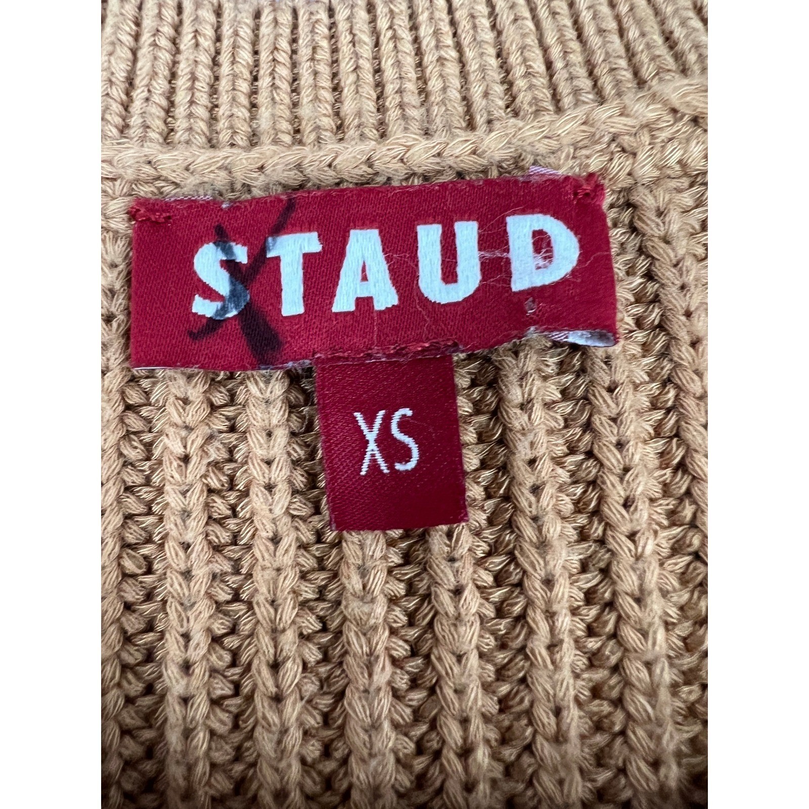 Staud Marleybone Neutral Camel Ribbed Knit Balloon Sleeve Mini Sweater Dress XS