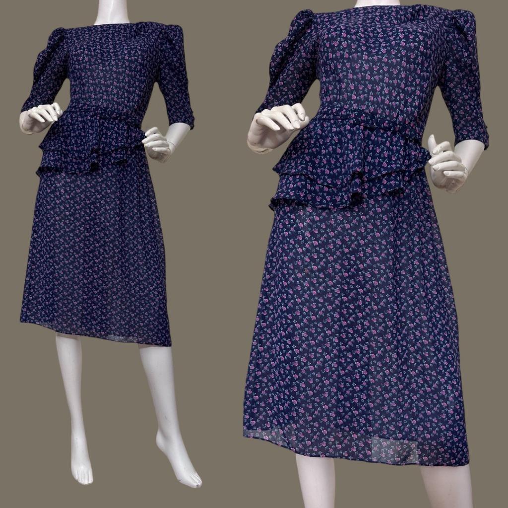 Vintage Dress Floral Butterfly Peplum Dress 70s 80s Lightweight Semi Sheer S