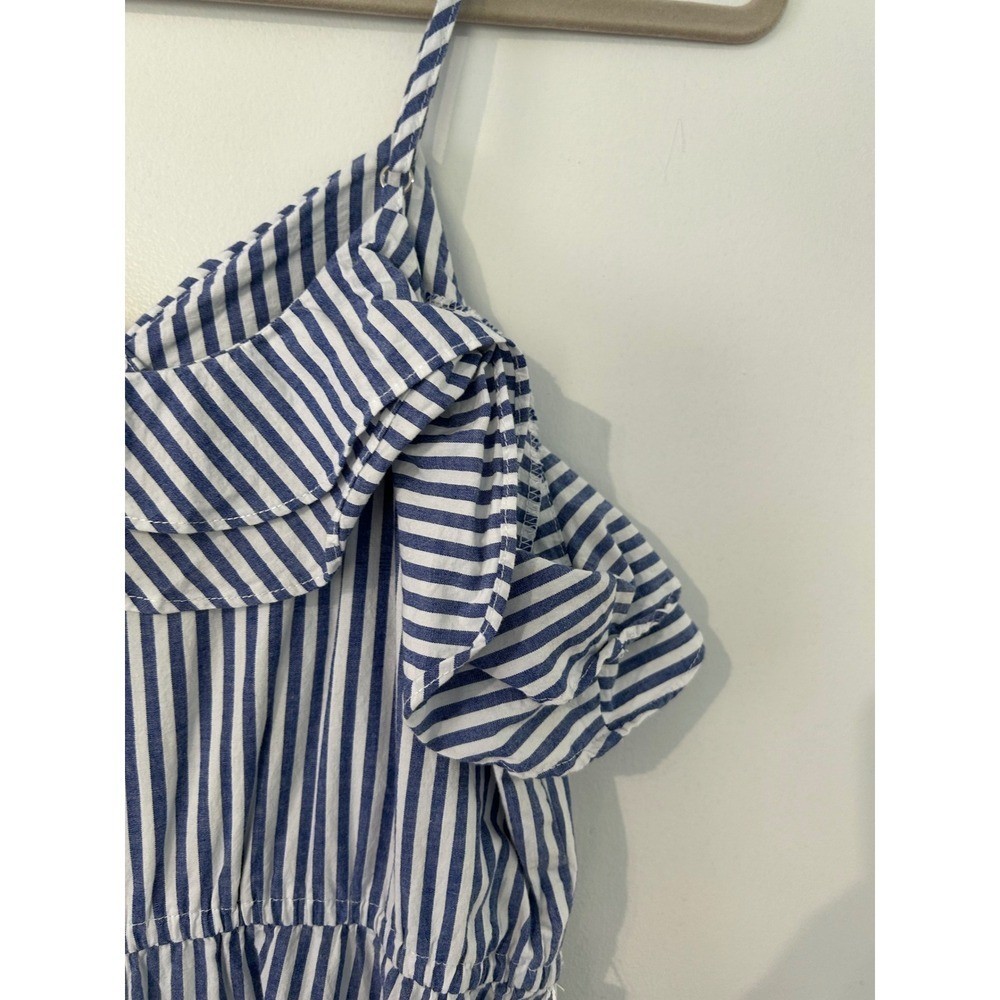 Blue White Striped Ruffle Cold Shoulder Midi Dress with Pockets and Belt