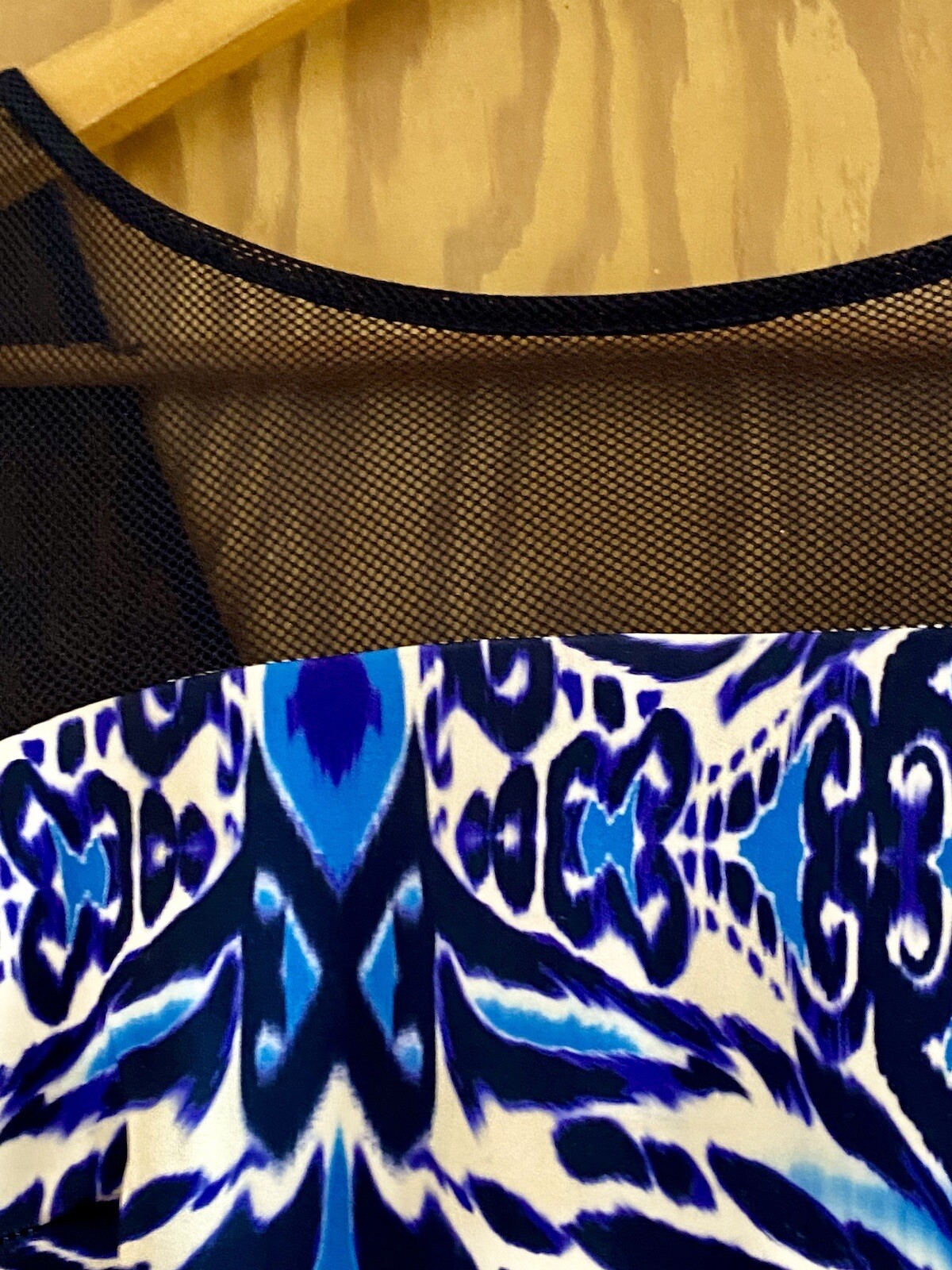 Amy Childs blue Aztec pattern bodycon stretch midi dress. Mesh inserts. Size 10