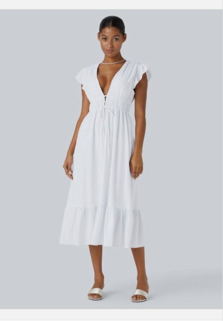 Halara V Neck Butterfly Sleeve Backless Pocket Ruffle Hem Midi Dress, XL, NWT