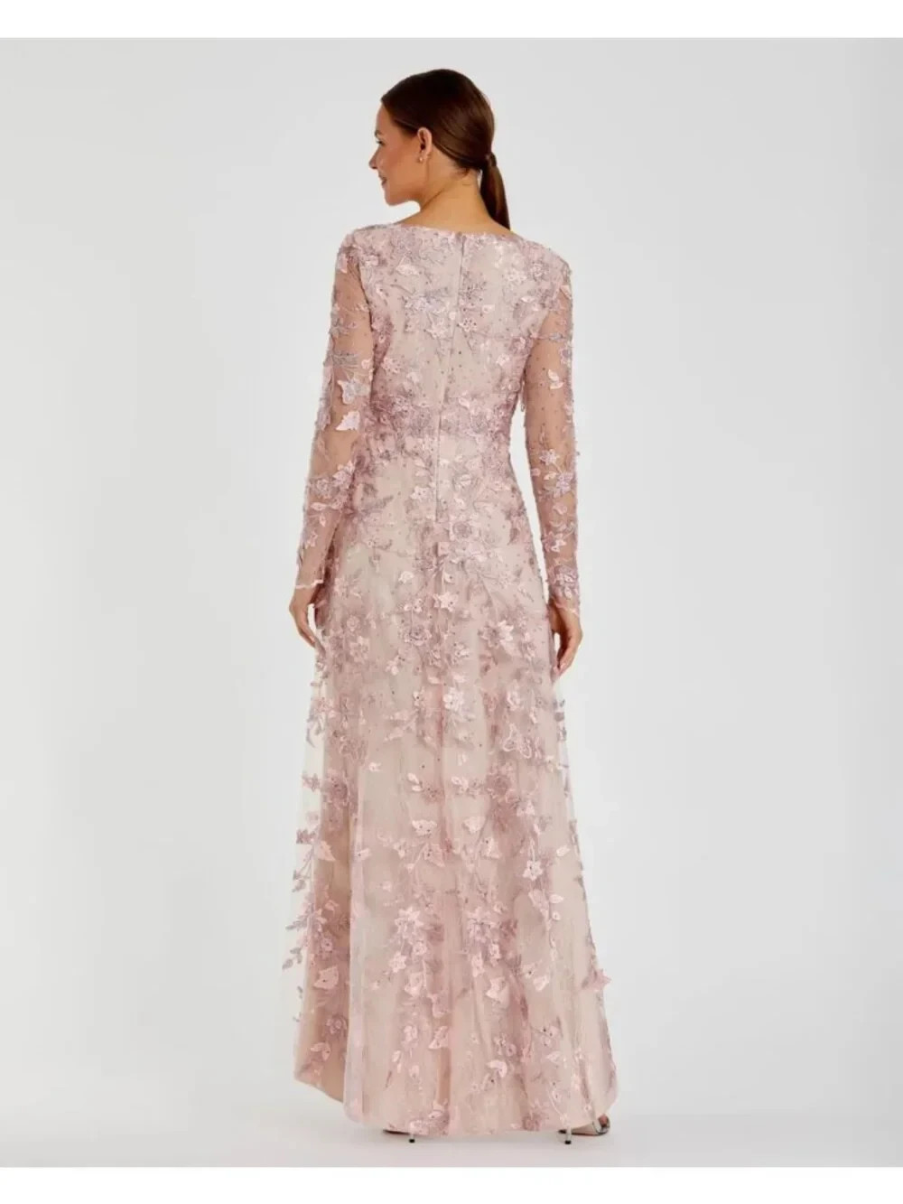 Mac Duggal 70224 Floral Applique Long Sleeve Illusion Gown Rose Pink Size 12 NWT