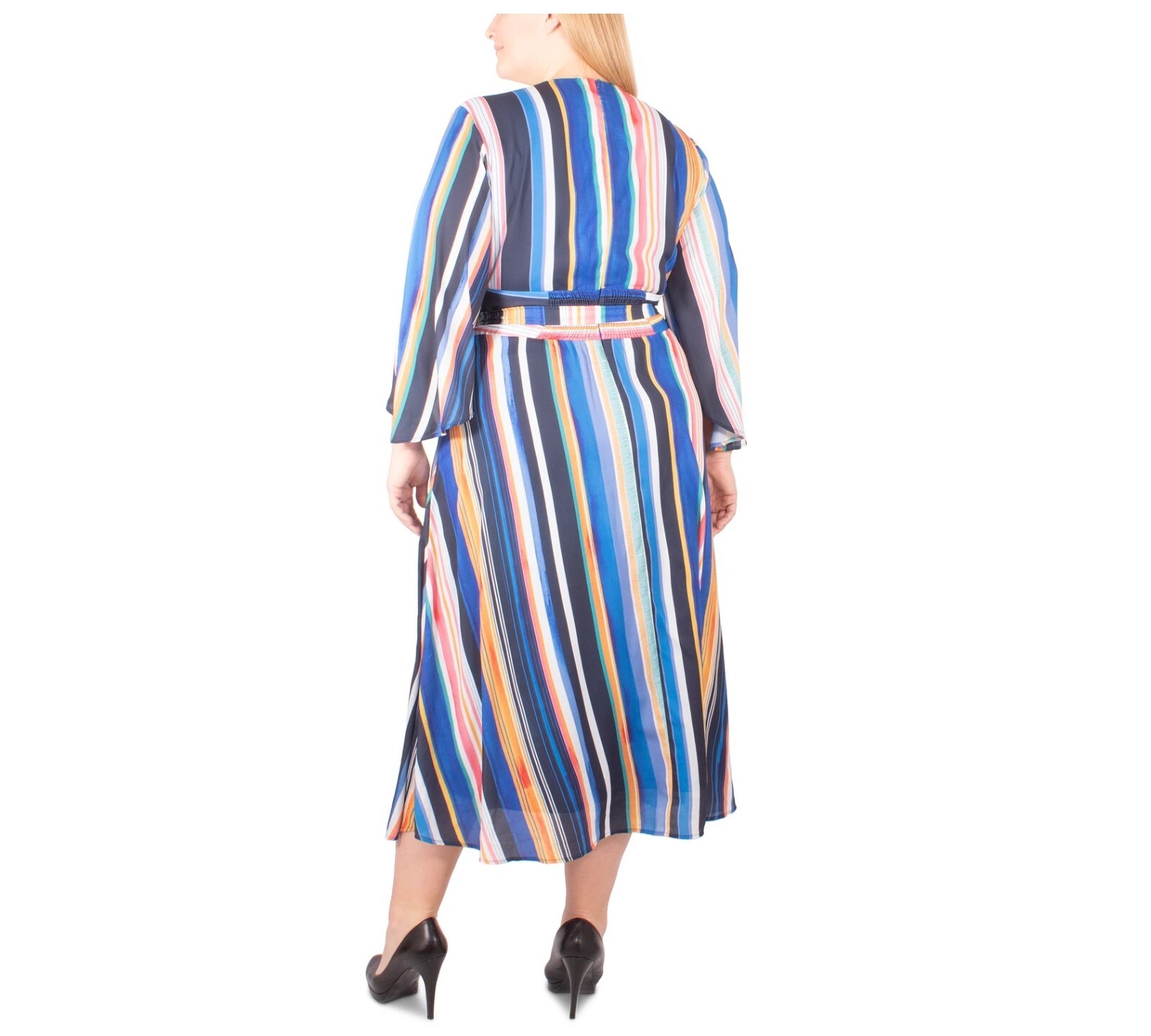 NY Collection Womens Plus 1X Multicolor Striped Belted Wrap Maxi Dress NWT BB30