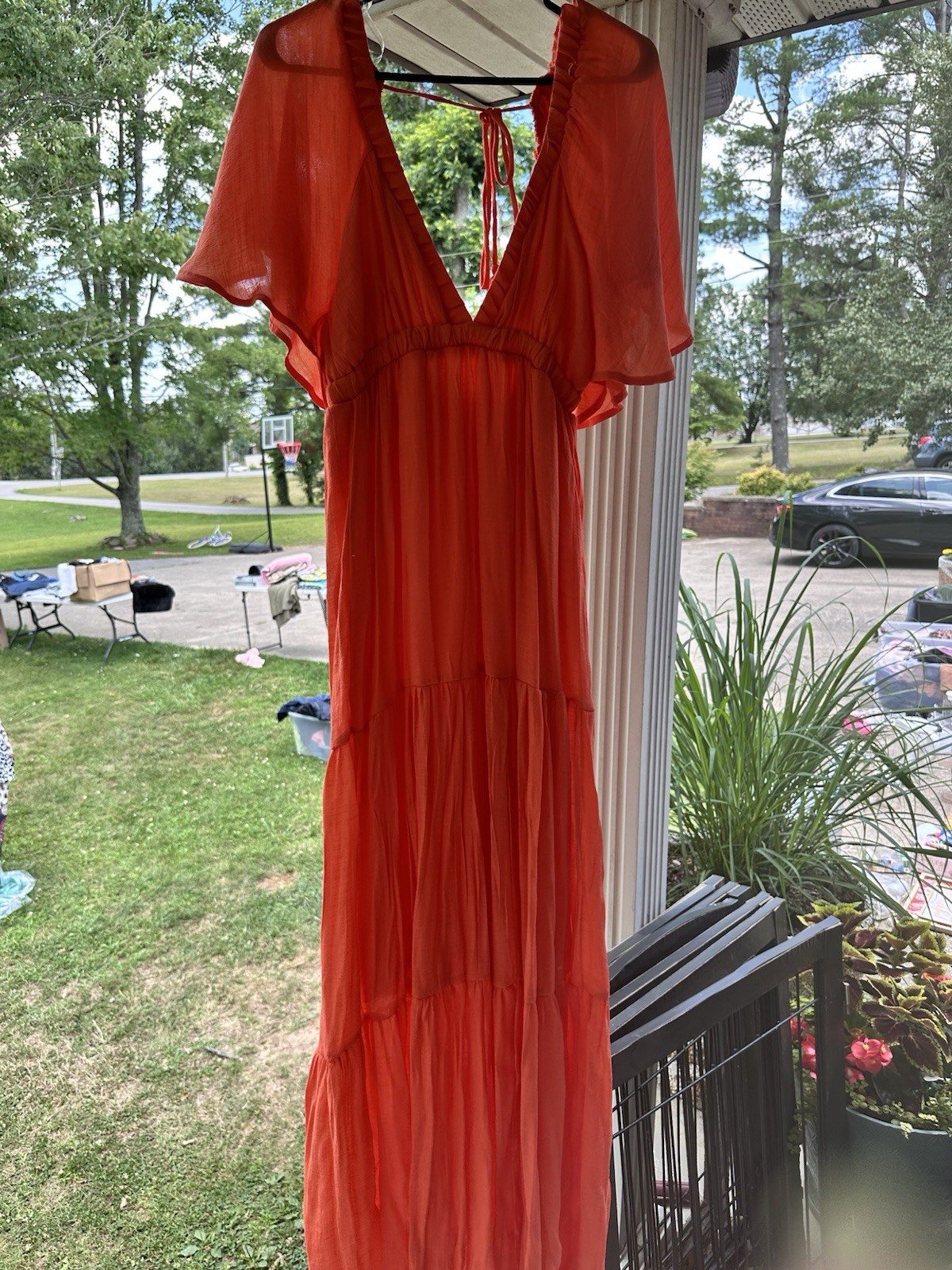 Orange Chiffon Maxi Dress V-Neck Flutter Sleeve and low back with tie strap.