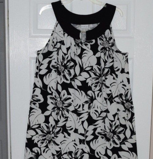 Kim Rogers XL Black White Floral Sleeveless A-Line Knit Dress Polyester Spandex