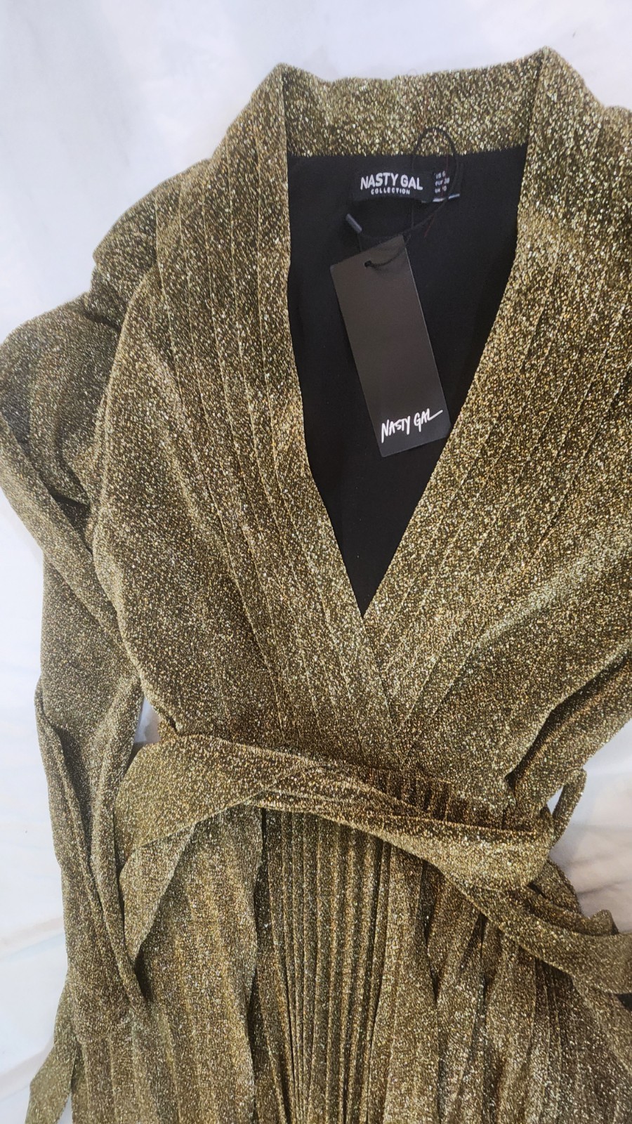 Nasty Gal Metallic Gold Pleated Belted V-Neck Maxi Dress Long Sleeve Size 6