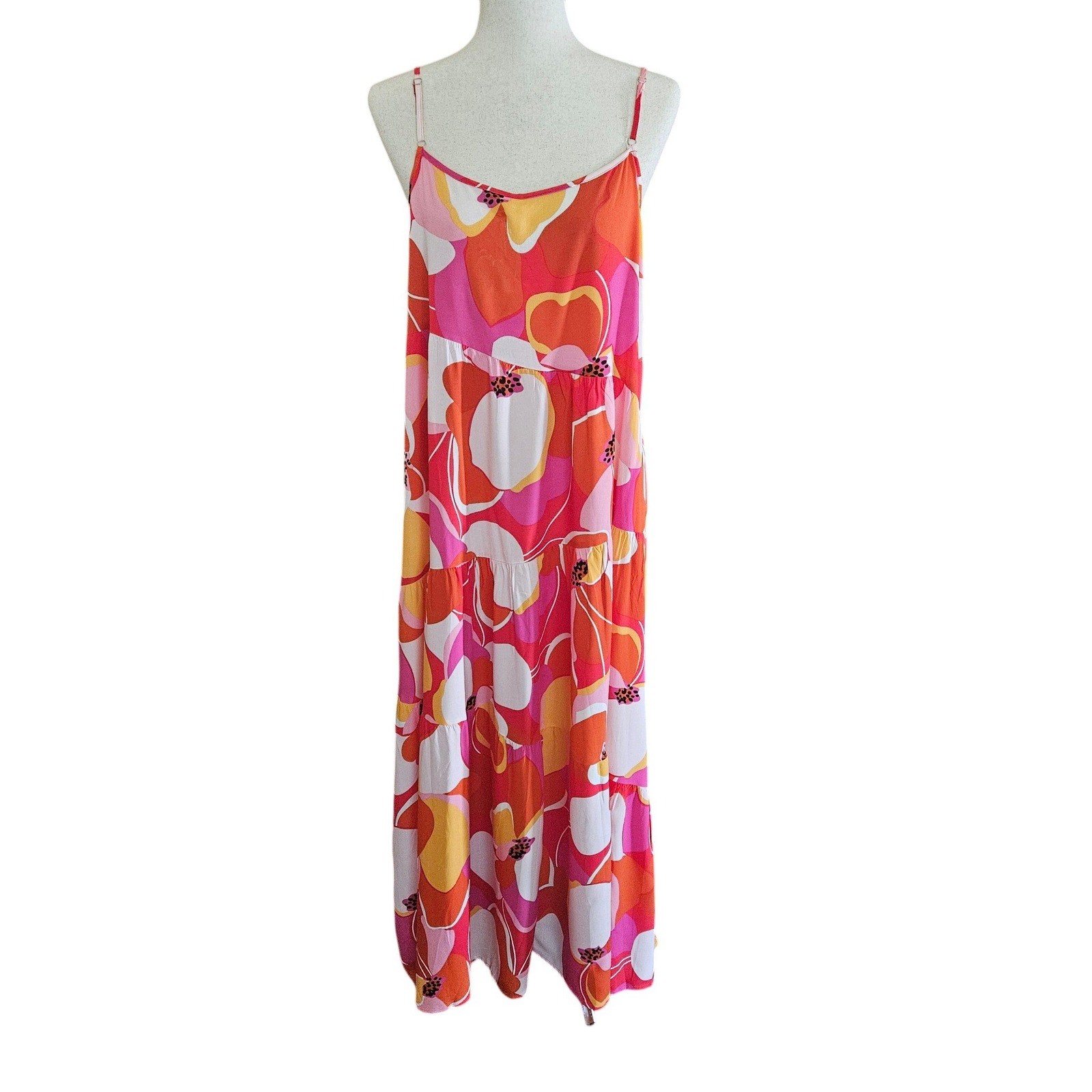Anrabess Women Floral Tiered Maxi Dress Pink Orange Yellow Boho Sun Dress Large