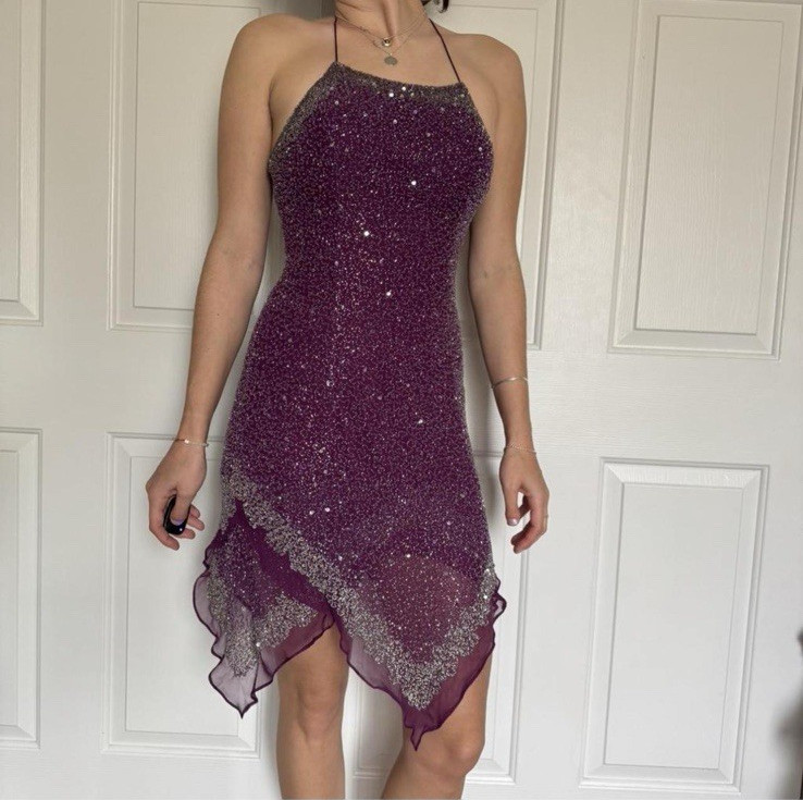 90s Scala Purple Beaded Silk Asymmetrical Hem Dress Size Medium