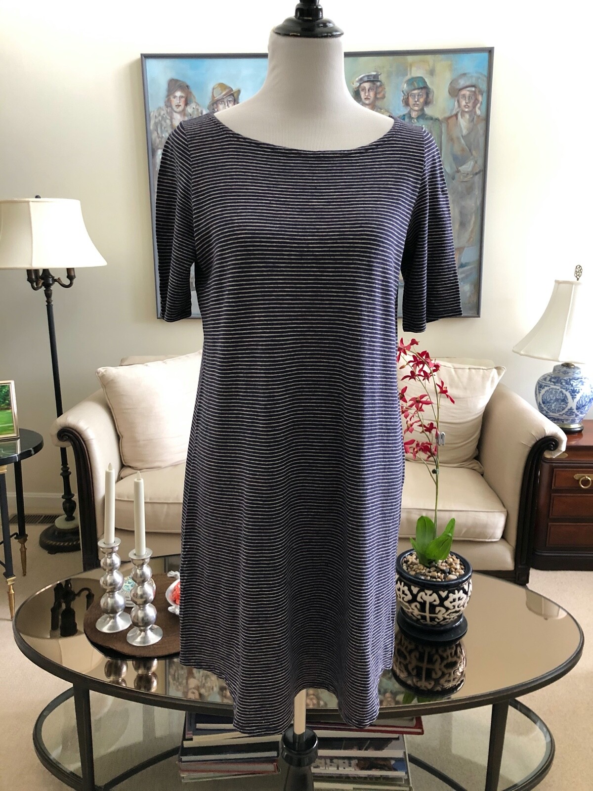 NWOT Eileen Fisher Black & White Stripe Boat Neck Dress Sz S Hemp Organic Cotton