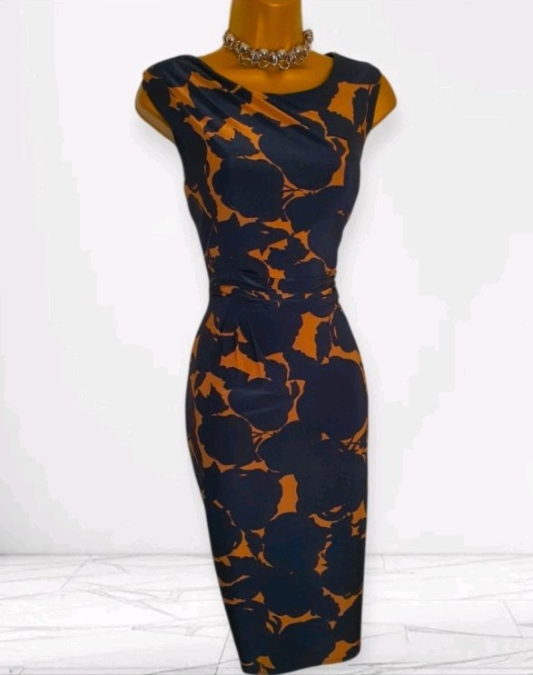 Phase Eight black fawn camel dress abstract floral ruched wiggle size 12 DEFECT
