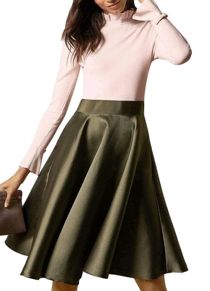 Ted Baker Zadi Knitted Frill Full Skirt Dress Size 2/US 6 Khaki Pink Green NWT
