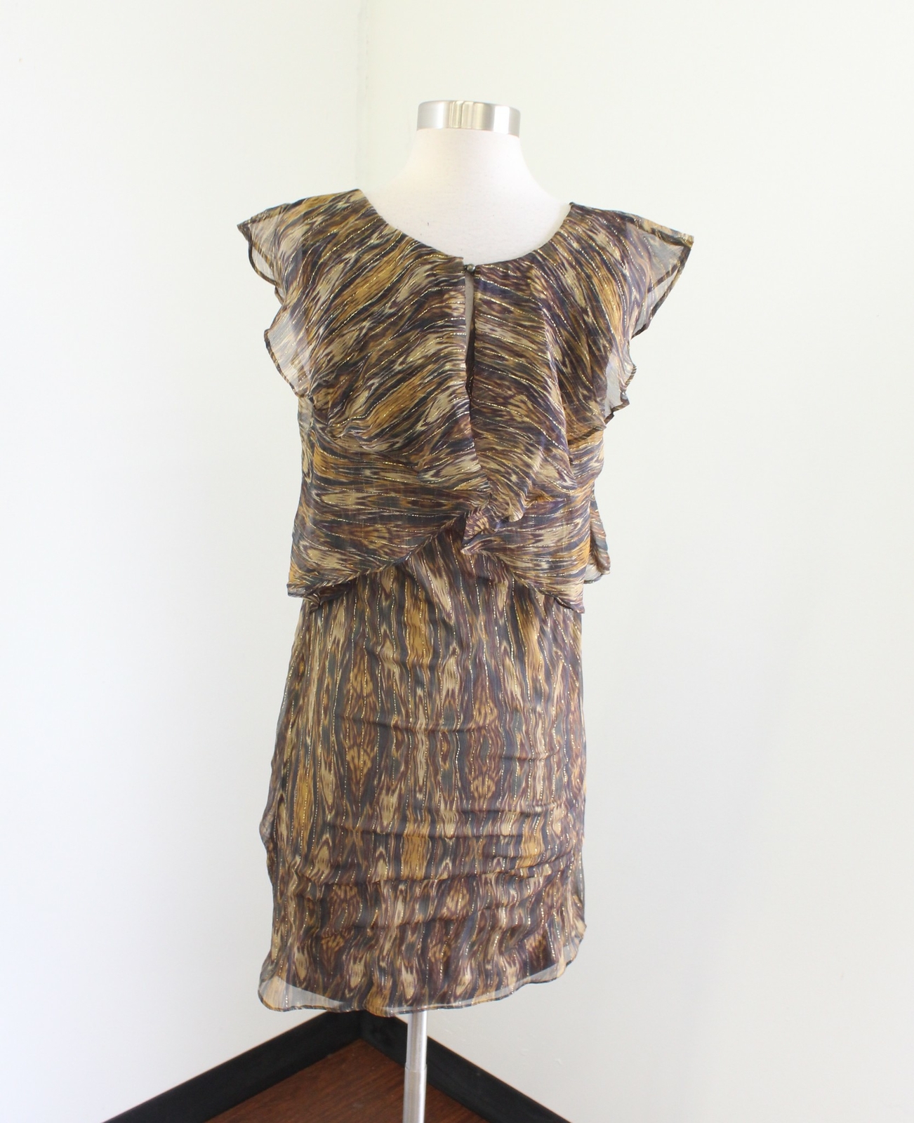NWT Ella Moss Metallic Flutter Sleeve Printed Dress Size S Gold Green Ikat Silk