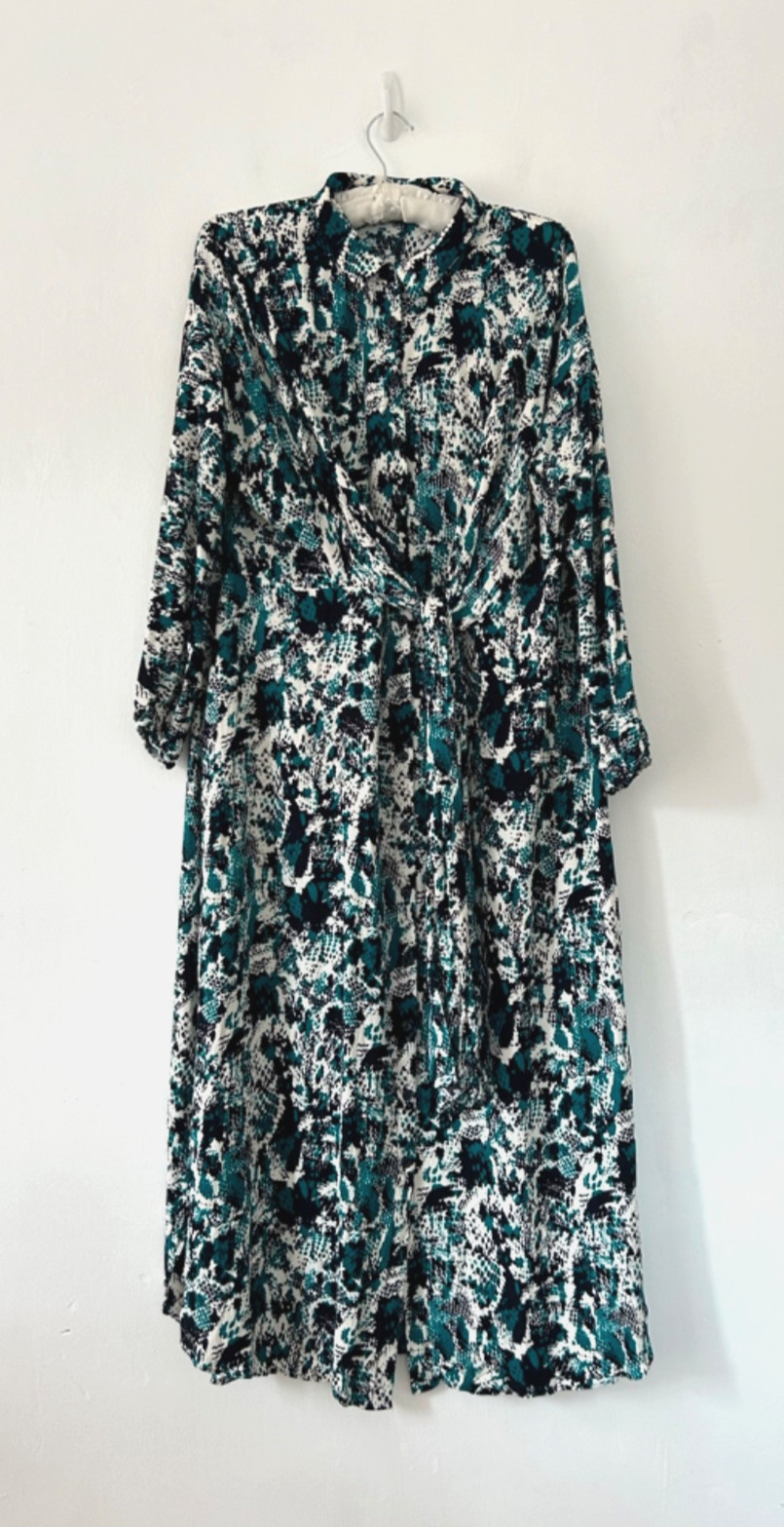 M & S Shirt Dress Women Tie Front Midi/Maxi Green Pattern Size 18 Long