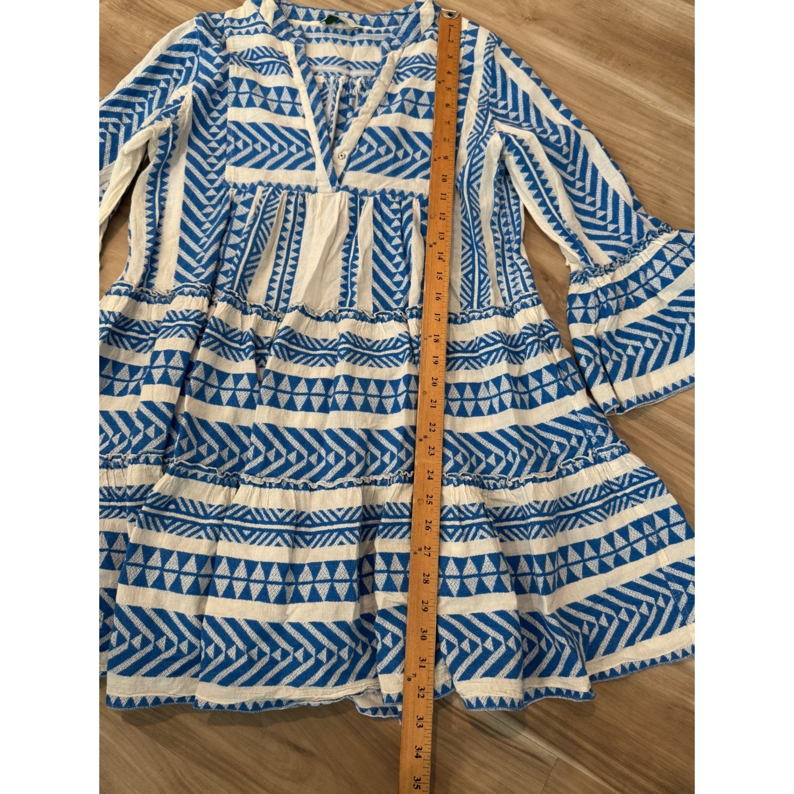 Devotion Twins Ella Blue White Geometric Cotton Tiered Mini Dress Boho Small d1