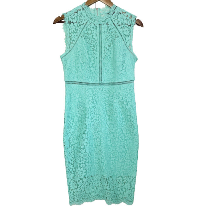 Bardot Womens Mint Mock Neck Sleeveless Back Slit Lace Sheath Cocktail Dress 6/S