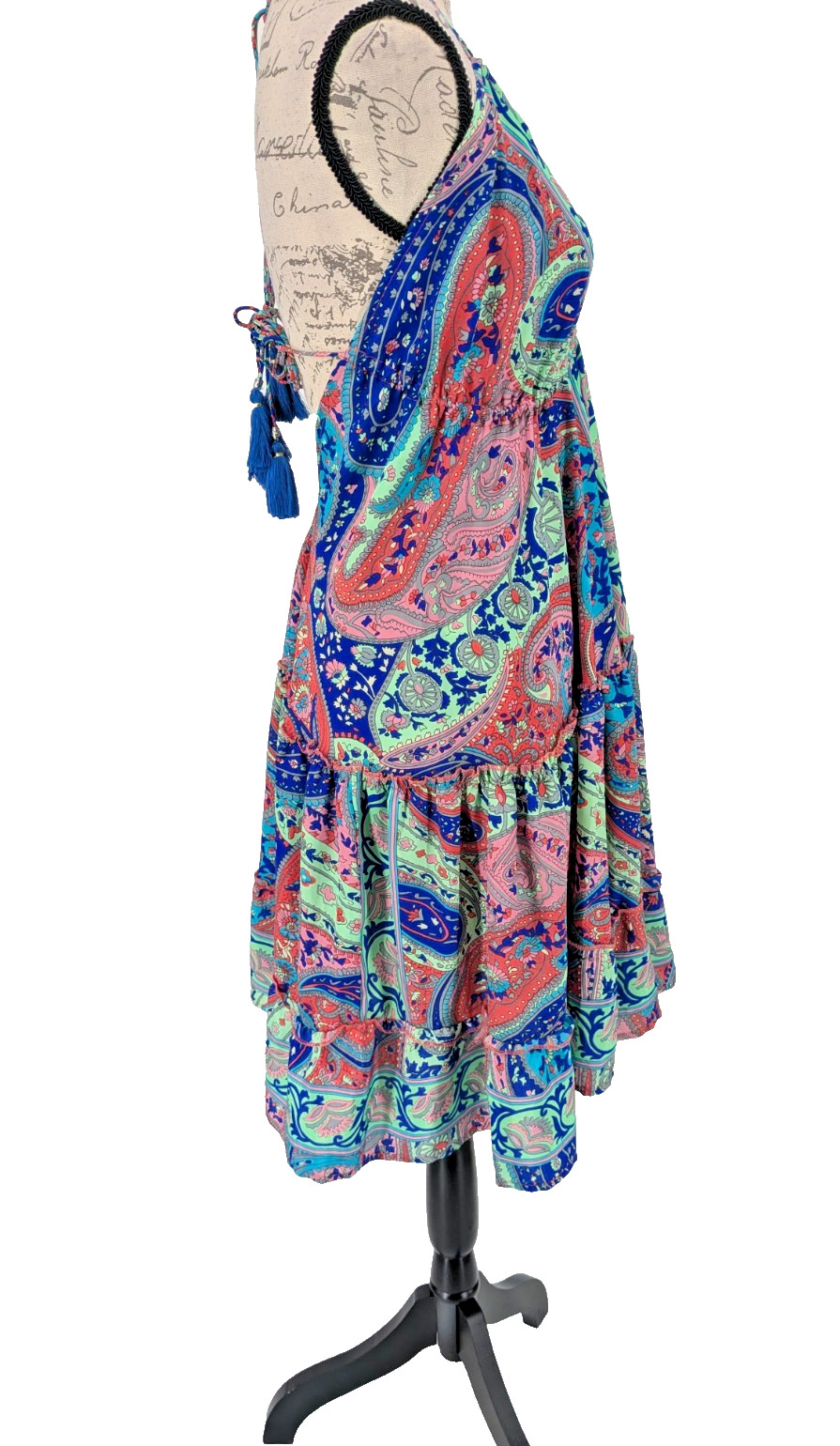 ZURY Halter Dress Silk Viscose 34″ Under the Bust Jewel Tones Tiered Excellent