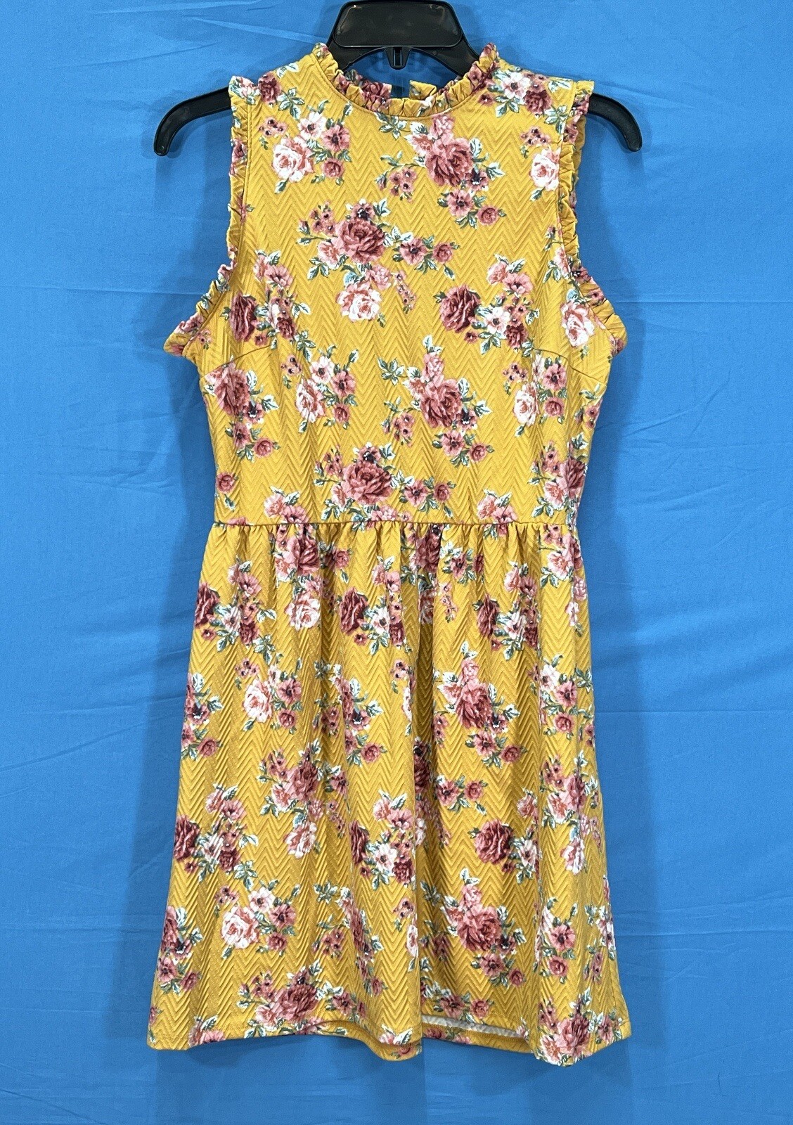 Nwt XHILARATION Yellow Gold FLORAL Textured Knit RUFFLED Zip-Back SKATER DRESS S