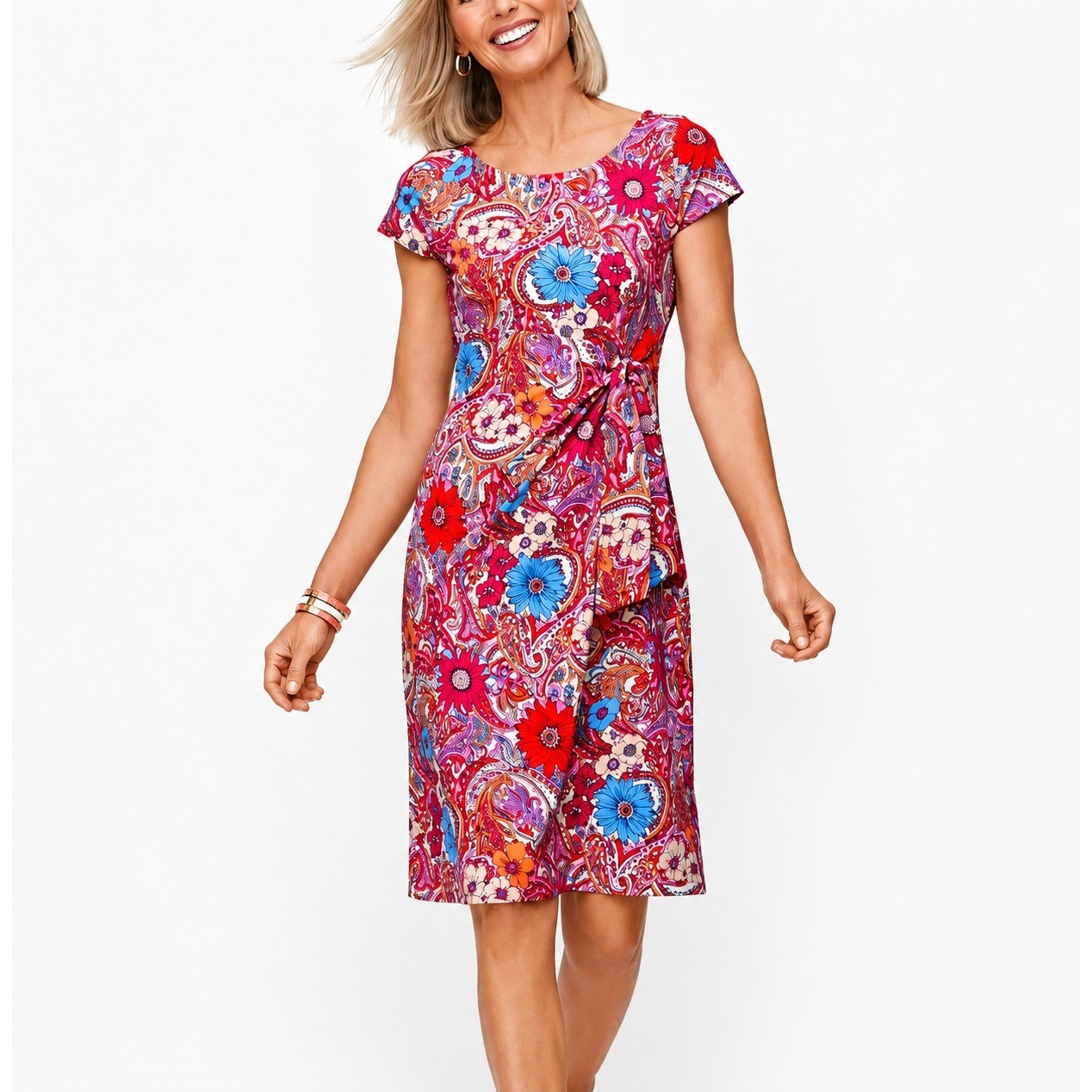Talbots Plus Island Paisley Tie Detail Sheath Dress 1X Liquid Knit Stretch