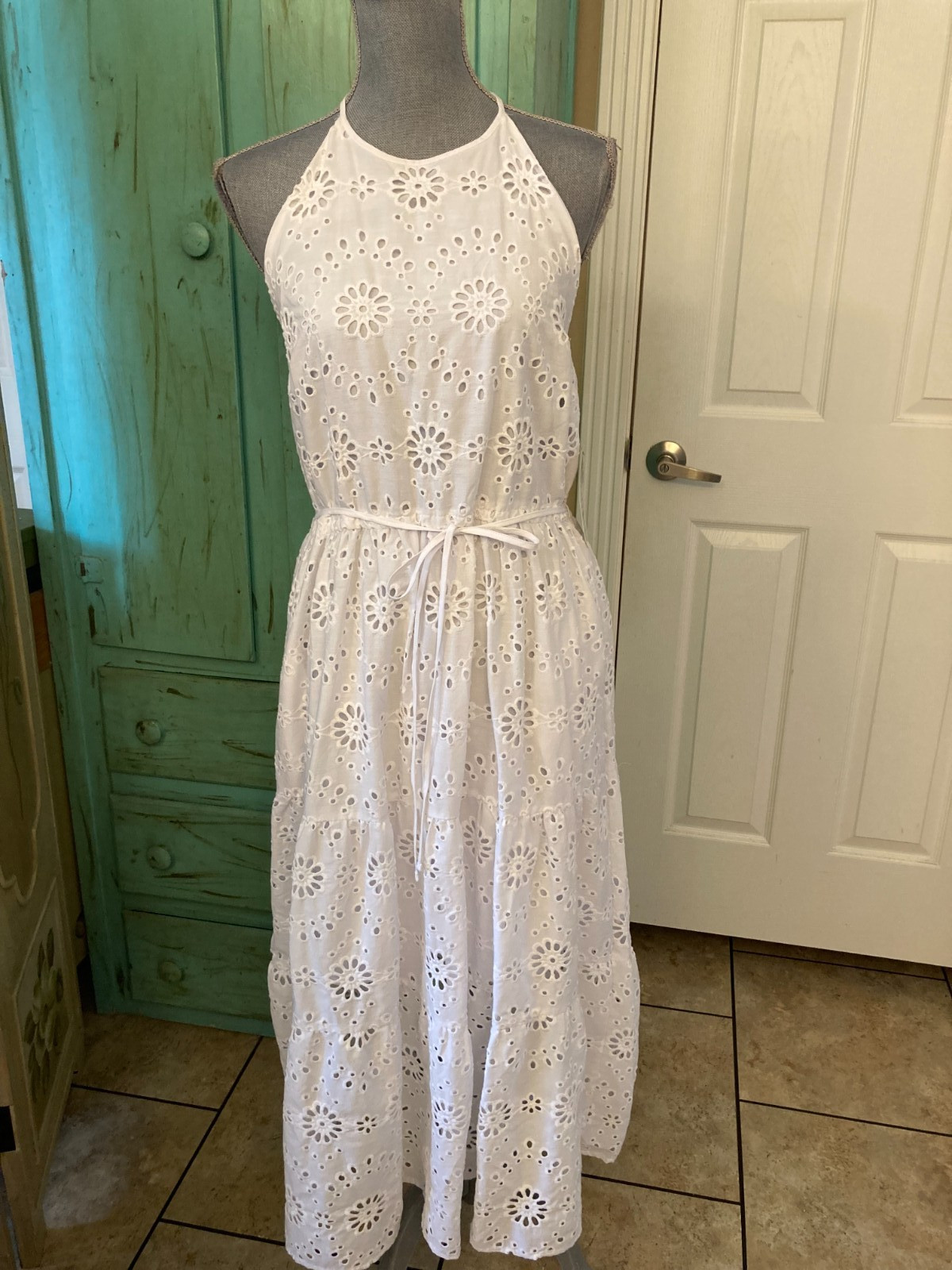 TIME & TRU, NWT, WHITE EYELIT, HALTER TYPE, LINED, TIERED LONG DRESS, 8-10 M