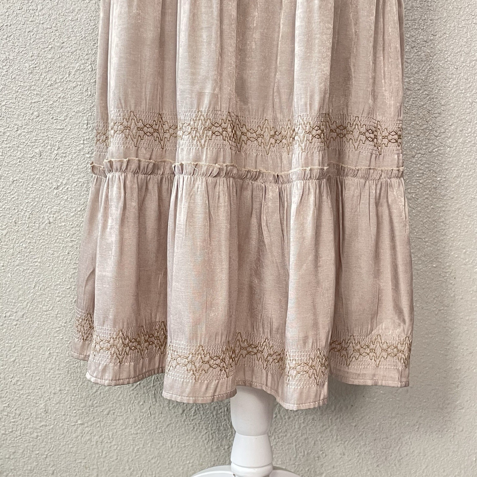 Indigo & Lace Milkmaid Maxi Dress Medium Taupe Tiered Resort Cottage Peasant