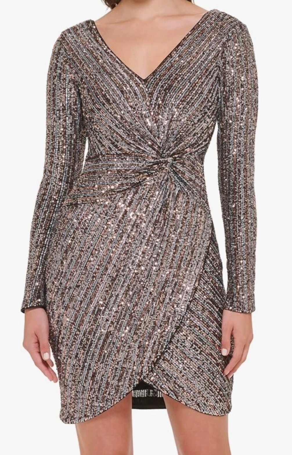 NWT GUESS Size 2 Sequin Long Sleeve Faux Wrap Mini Cocktail Dress Bronze Silver
