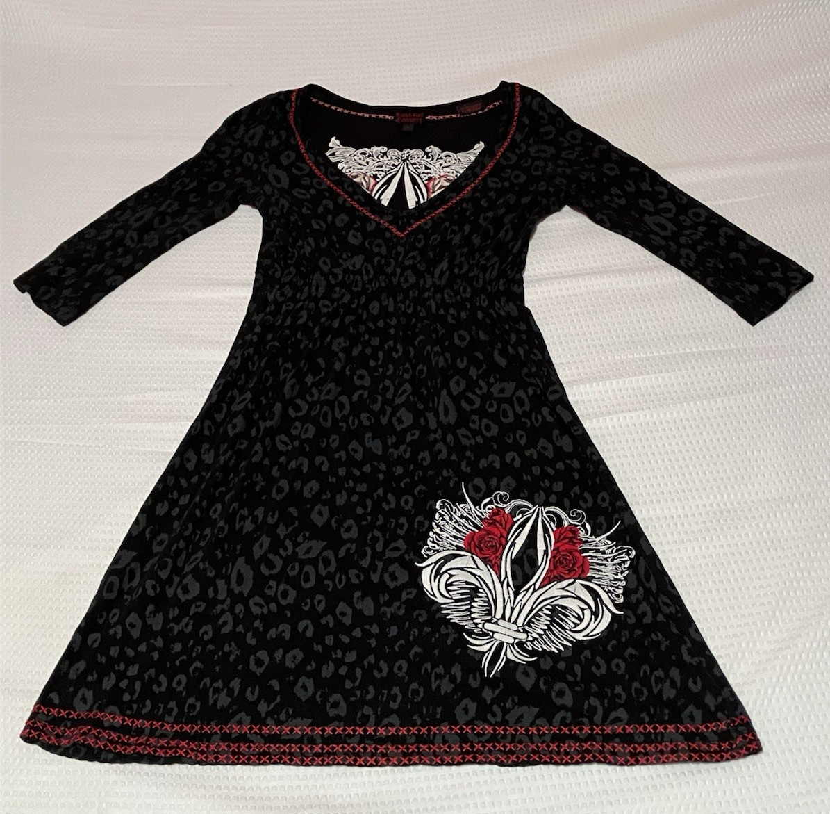 Rock & Roll Cowgirl Sz S Embroidered Black Dress Grey Leopard Print Fleur de Lis