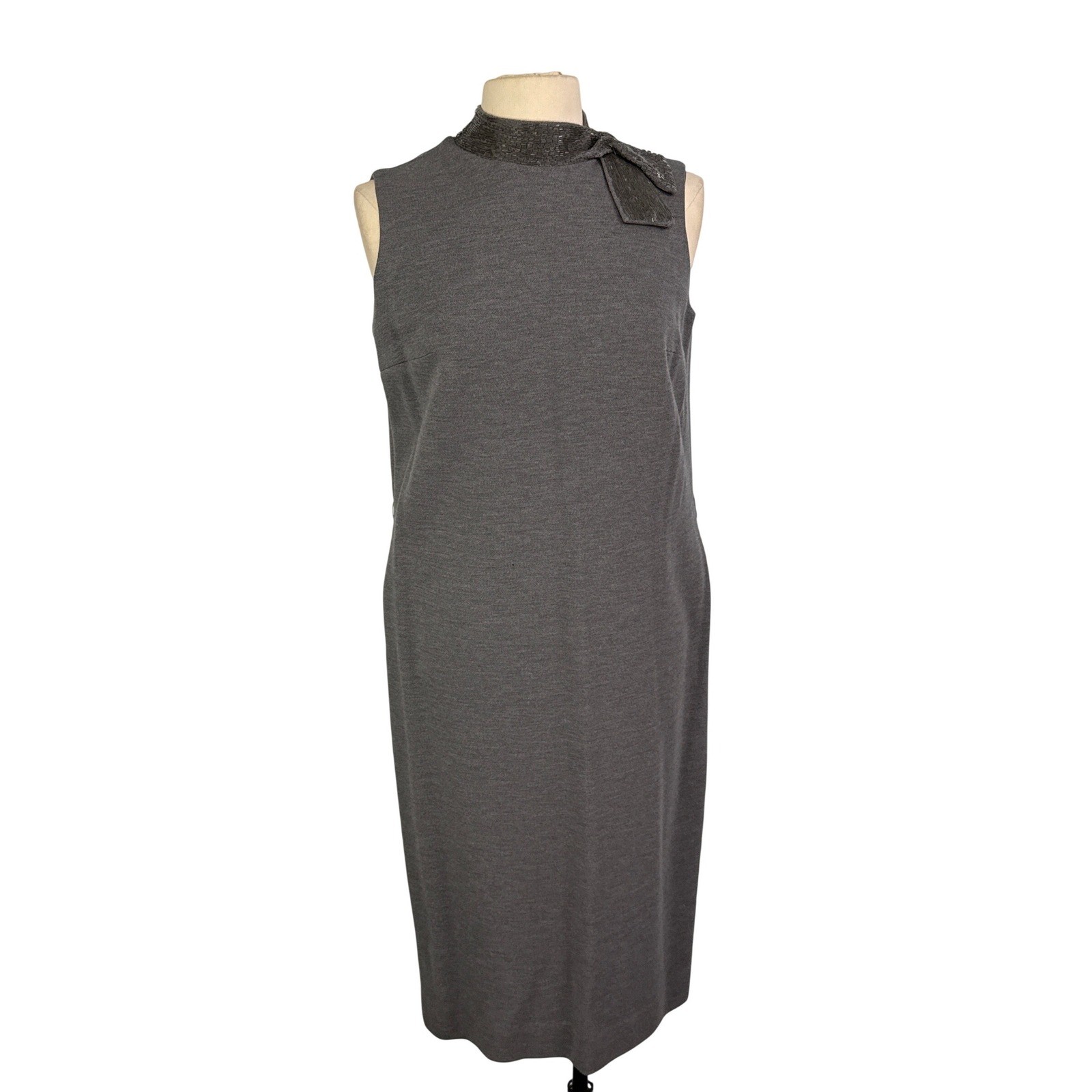 Vintage Grey Sleeveless Knit Sheath Dress Beaded Collar Bow Accent, 38 bust