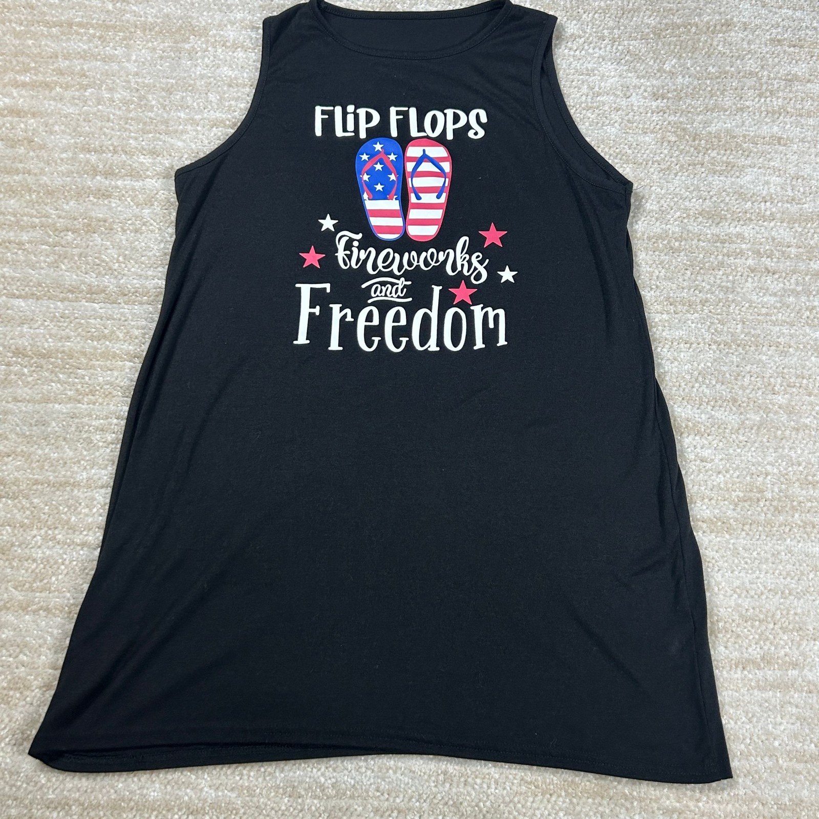 Tank Dress Womens L Black Flip Flops Fireworks and Freedom Graphic Sundress