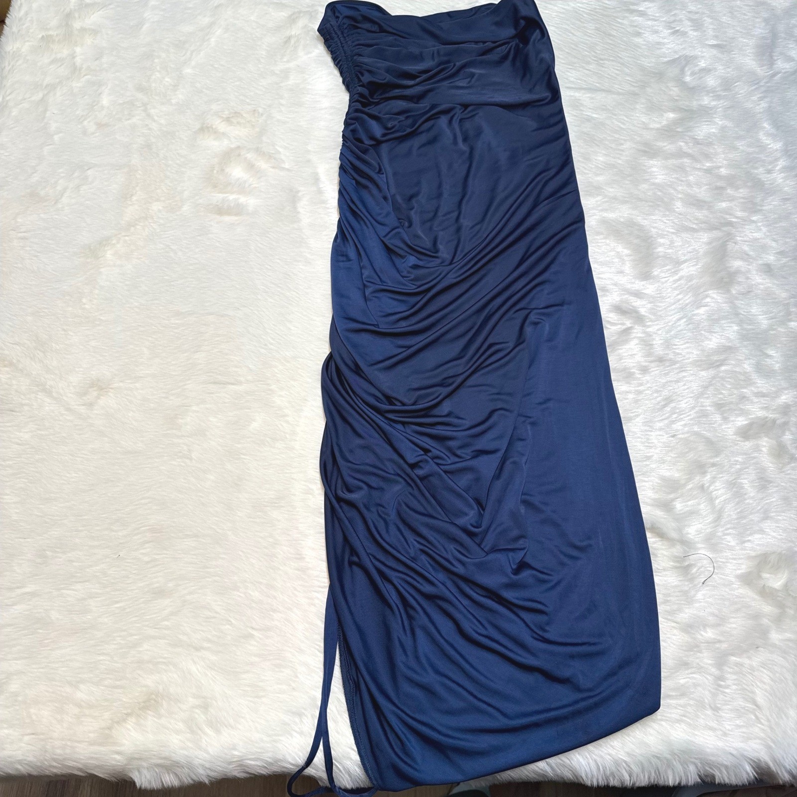 Ramy Brook Navy Blue Ruched Strapless cocktail evening party drape Midi Dress XS