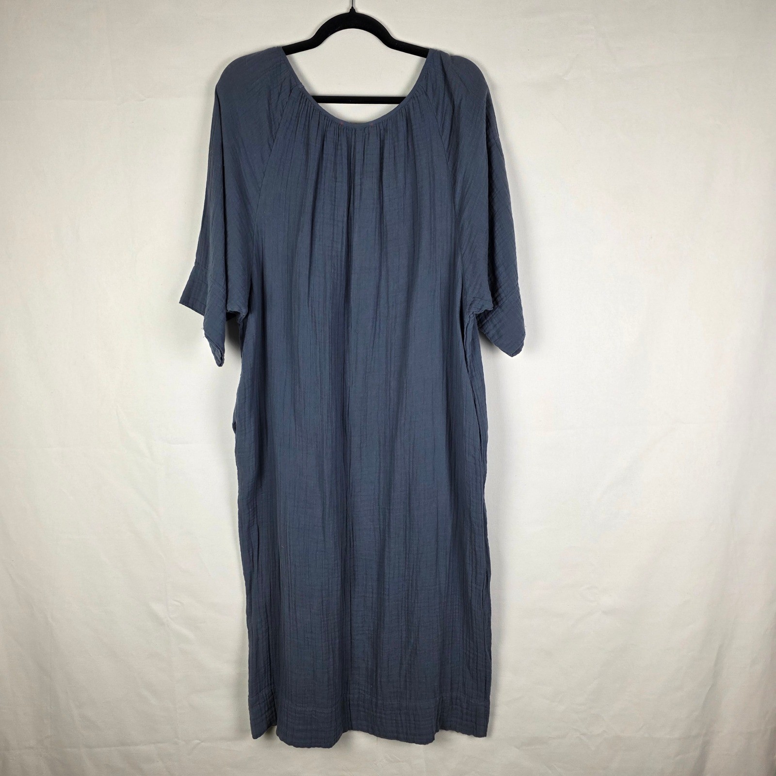 Stark X Blue Double Gauze Cotton V-Neck Midi Dress Pockets Style 2135X Small