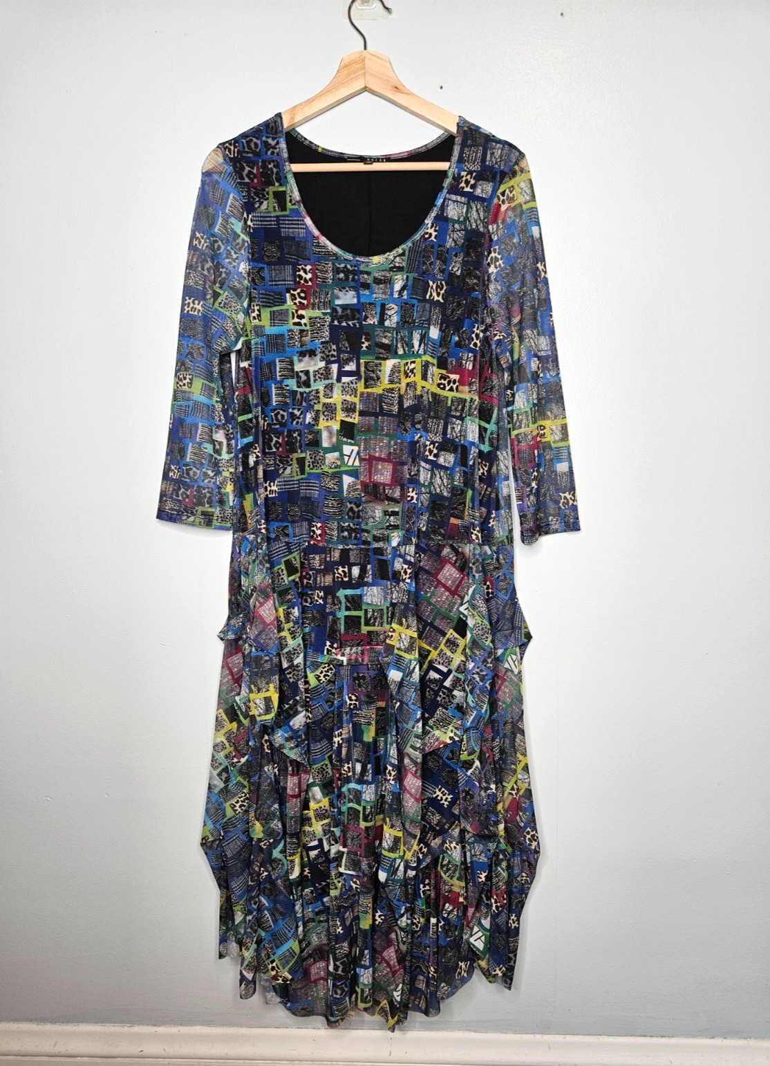 KOZAN Mesh Midi Dress XS Lined Layered Sheer 3/4 Sleeve Asymmetric Lagenlook Art