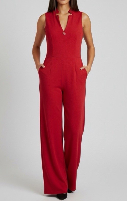 CALVIN KLEIN V-NECK S/LESS STRAIGHT LEG JUMPSUIT, RED, SIZE 4 NWT