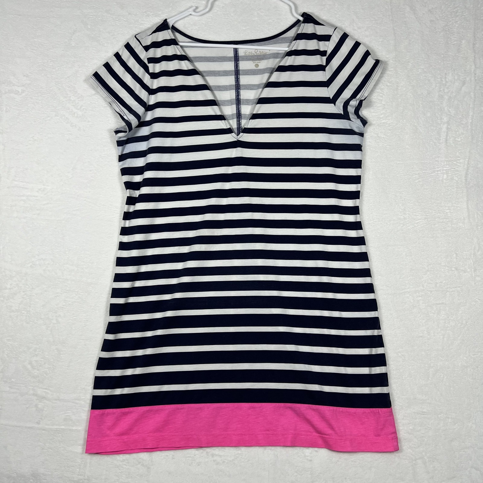 Lilly Pulitzer Womens T-Shirt Dress XL Navy White Stripe Pink Hem Cotton V-Neck