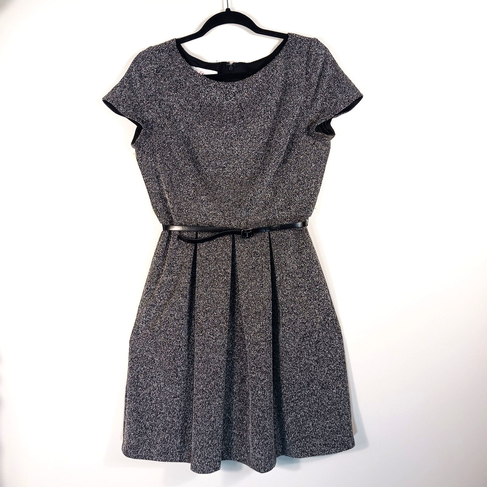 Kelly Diane A-Line Fit & Flare Dress Sz 10 Grey Belted Pleated Career Office