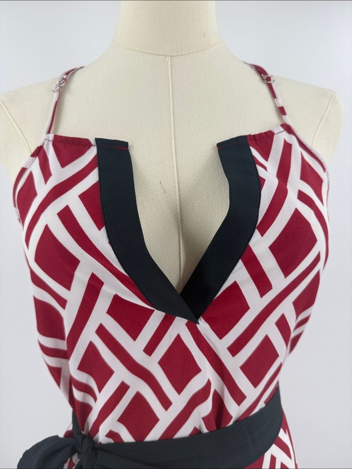 Sleeveless Red Geometric Midi Dress with navy Trim