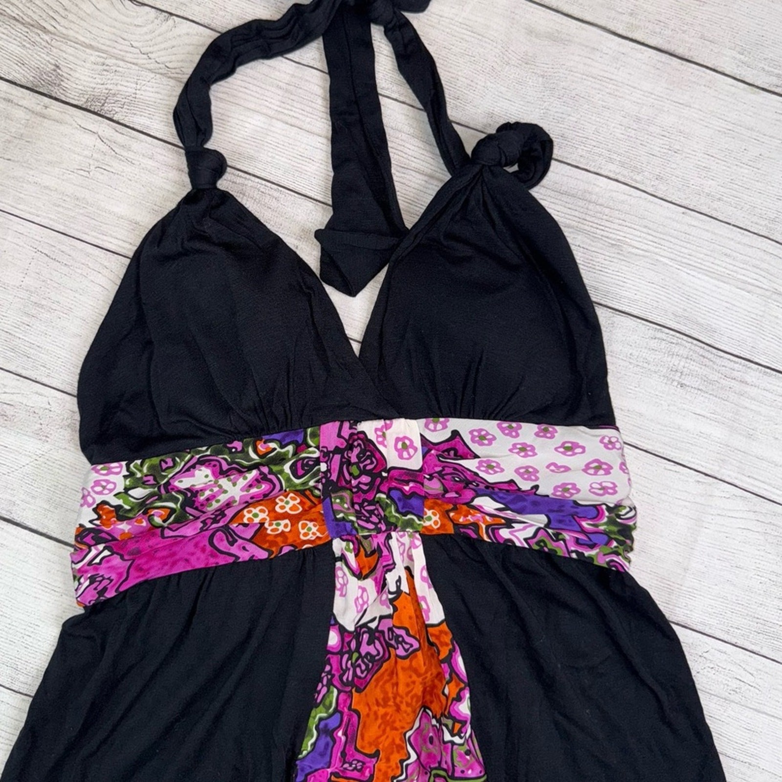 SINGLE DRESS NWT Black Halter Dress with 100% Silk Multicolor Accent Size Medium