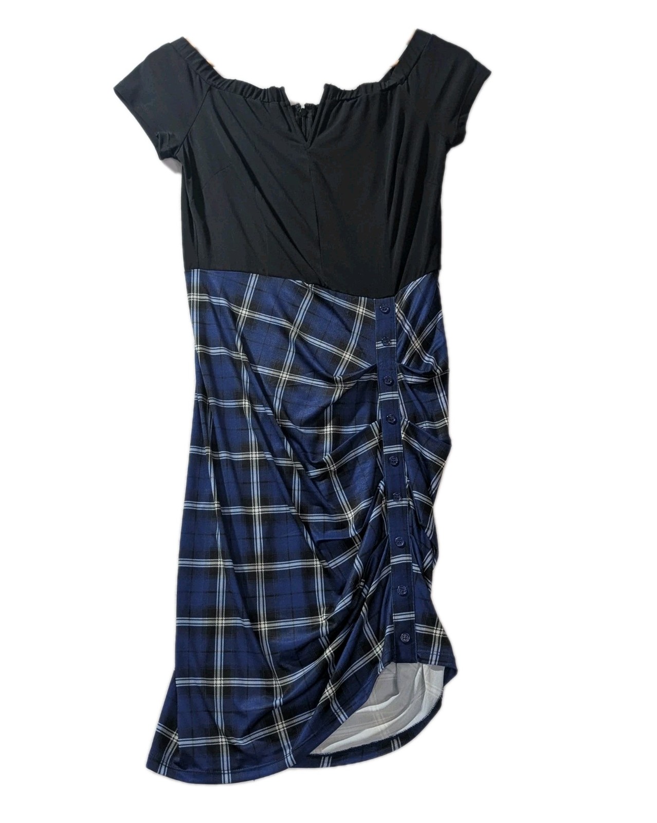 Venus Plaid Ruched Button Dress S Blue Black Midi Punk Grunge Y2K Alt Aesthetic