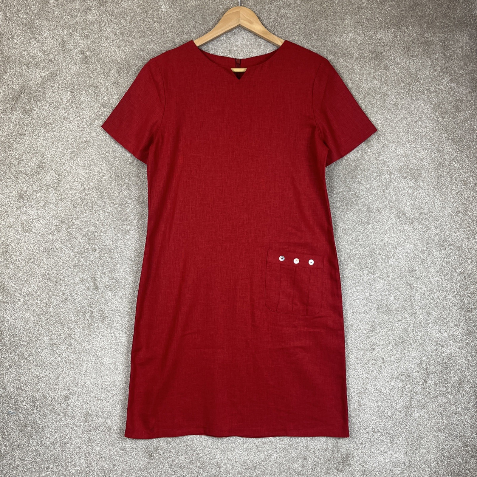Coldwater Creek Dress Womens Small Red Linen Blend Short Sleeve Pocket- 4771